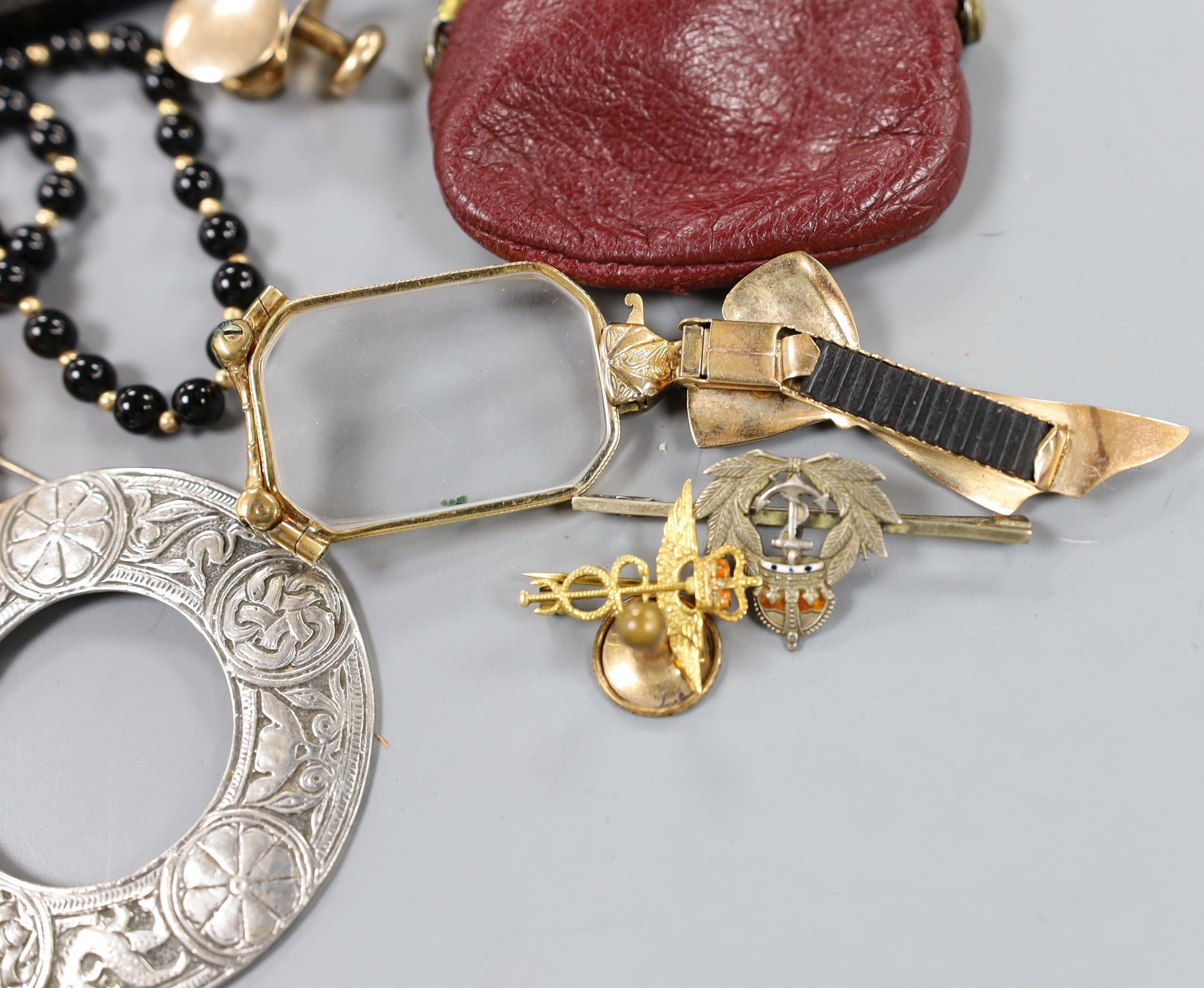 Mixed jewellery including two 9ct gold studs, a 9ct gold and enamel brooch, gross 5 grams and other items including silver brooch, lorgnettes etc.